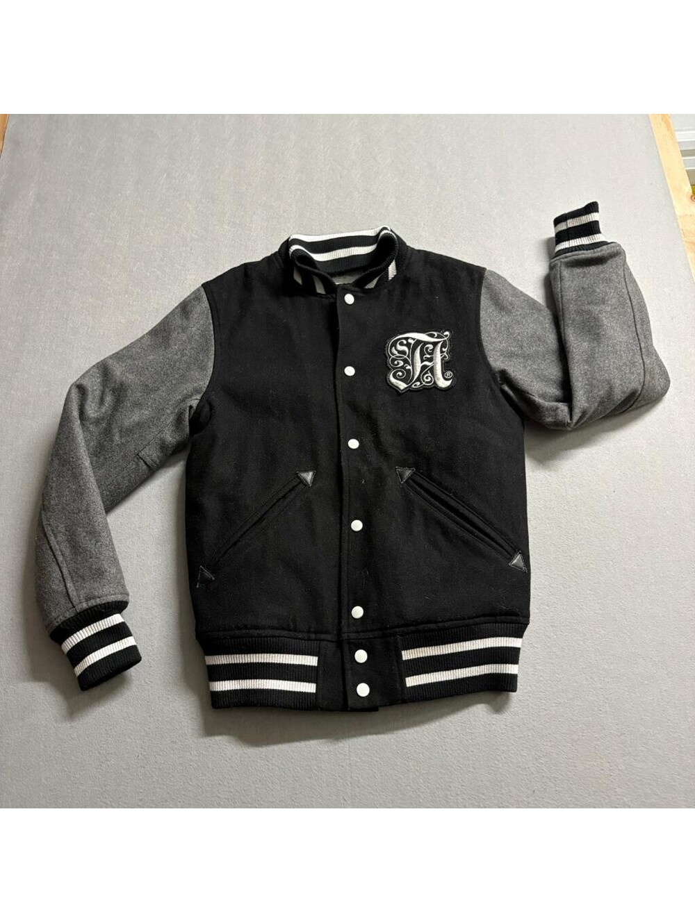 Alife NY Mens Varsity Jacket Medium Black Grey Wool Blend Letterman Snap Button